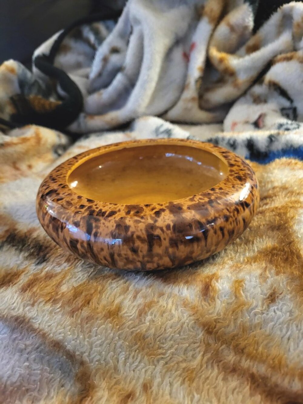 ONE OF A KIND- Vintage handmade ceramic cheetah pattern glazed deep dish bowl